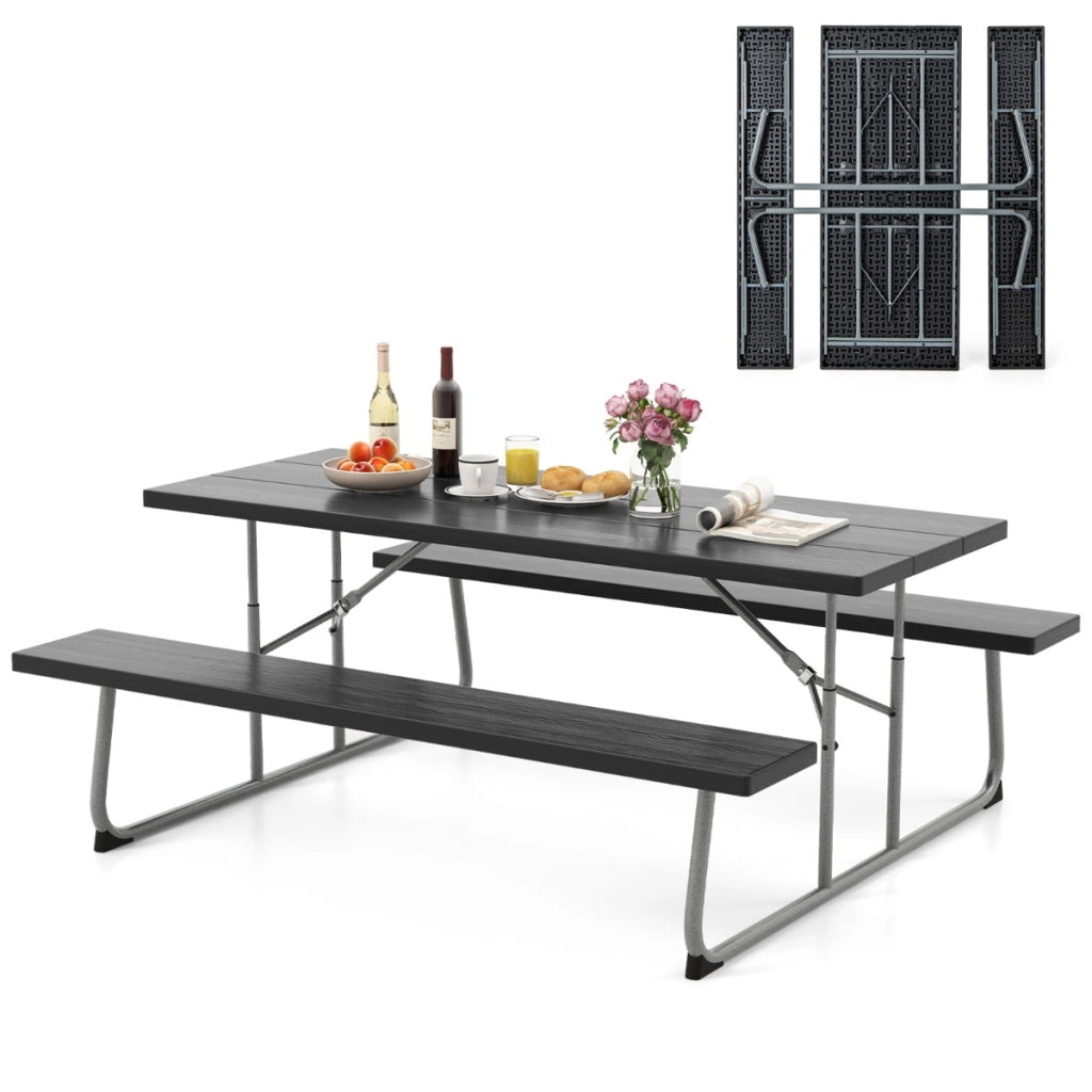 Tavolo da picnic pieghevole con 2 panche, Set di tavolo da 183cm con telaio in metallo e foro per ombrellone Nero-Tavoli e sedie da campeggio