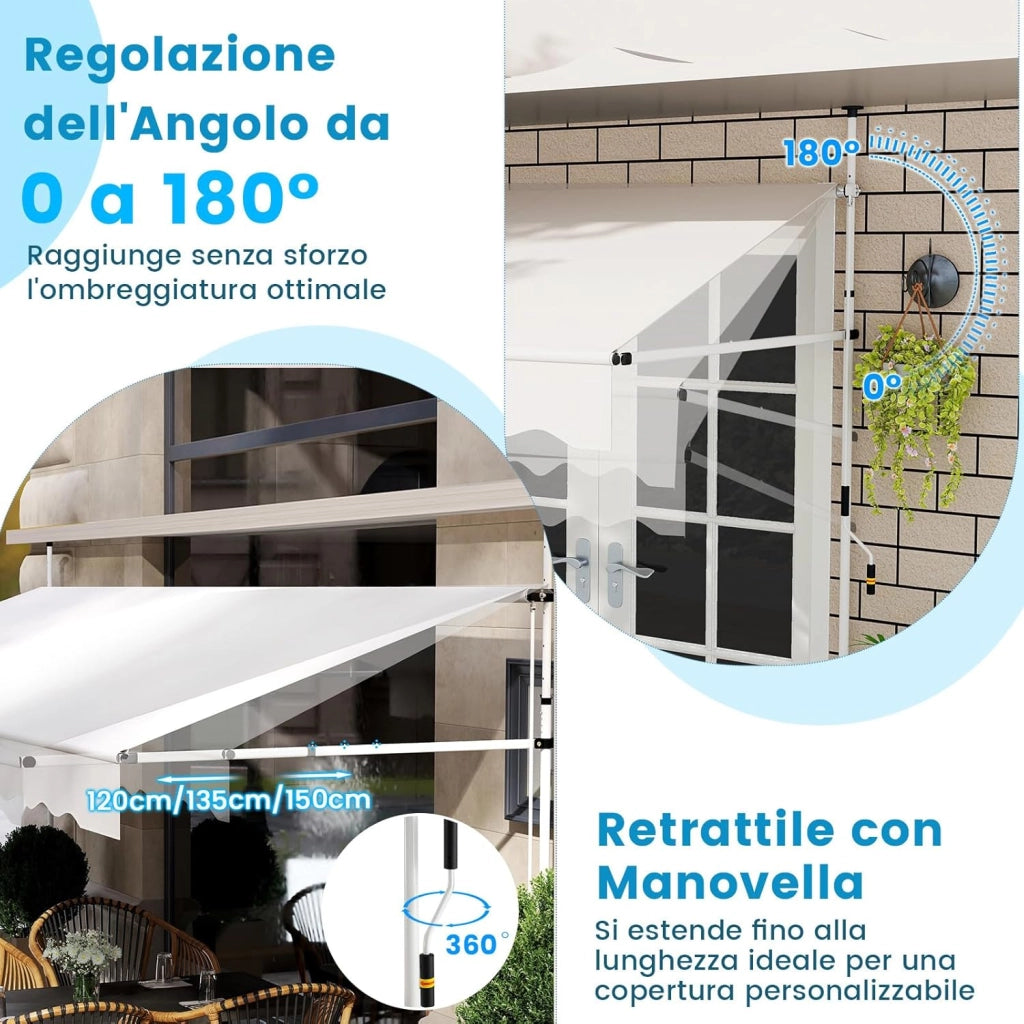 Tenda da Sole a Morsetto, Tenda per Balcone Senza Foratura Altezza e Inclinazione Regolabili con Manovella, Telo Impermeabile e Resistente ai Raggi Solari e Telaio Antiruggine (4M,Bianco)