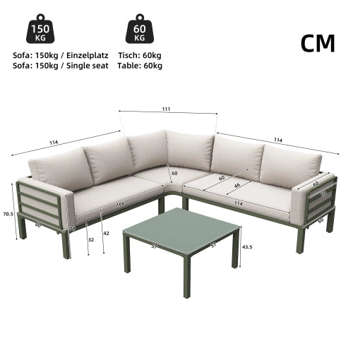 Set Mobili da Giardino con Cuscini Beige ¨C MINIMAL ¨C Poltrona, Divano, Tavolino in Vetro, 4-5 Posti