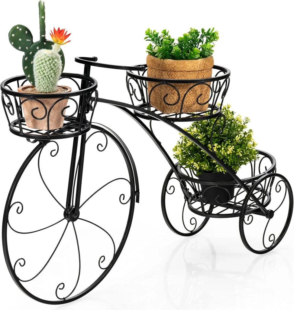 Porta Piante da Interno ed Esterno, Scaffale per Piante e Fiori a Forma di Triciclo con 3 Cesti Cavi, Porta Vasi da Salotto, Giardino e Balcone