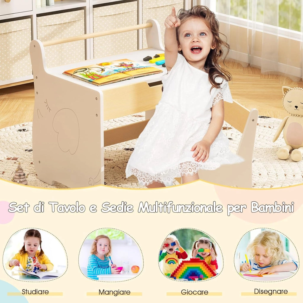 Set Tavolo e Sedia per Bambini 2 in 1, Set con Scrivania e Sedia in Legno per Bambini con Piano Rimovibile, Spazio di Archiviazione e Porta Rotolo di Carta per Aula e Cameretta (Bianco)