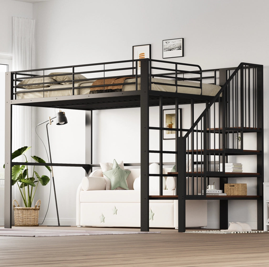 Letto a soppalco 140x200 cm nero in metallo con scala