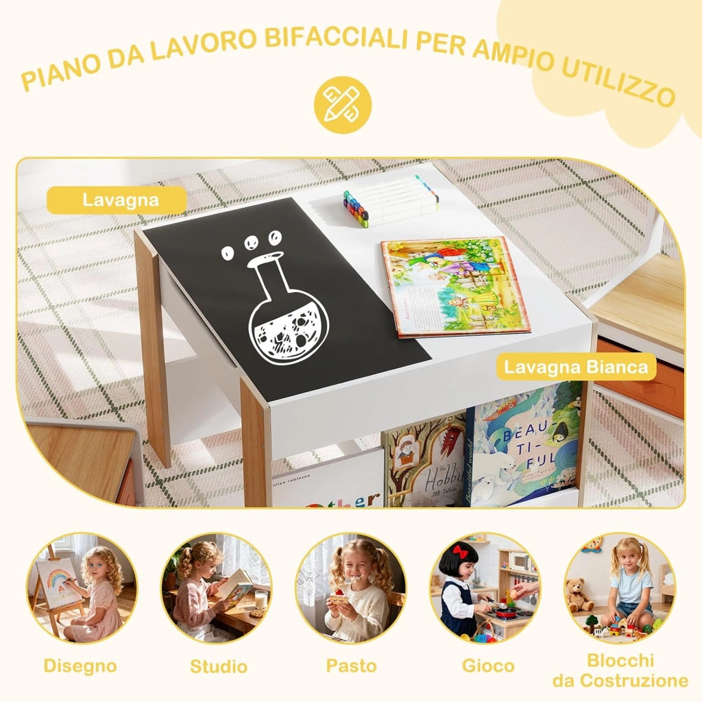 Set Tavolino Bambini con 2 Sedie per Bambini, Tavolo e Sedie 4 in 1 con Piano Doppa Faccia, Librerie Laterali e Scatola in Tessuto, Mobile Salvaspazio per Asilo e Cameretta (Naturale, Stile 2)