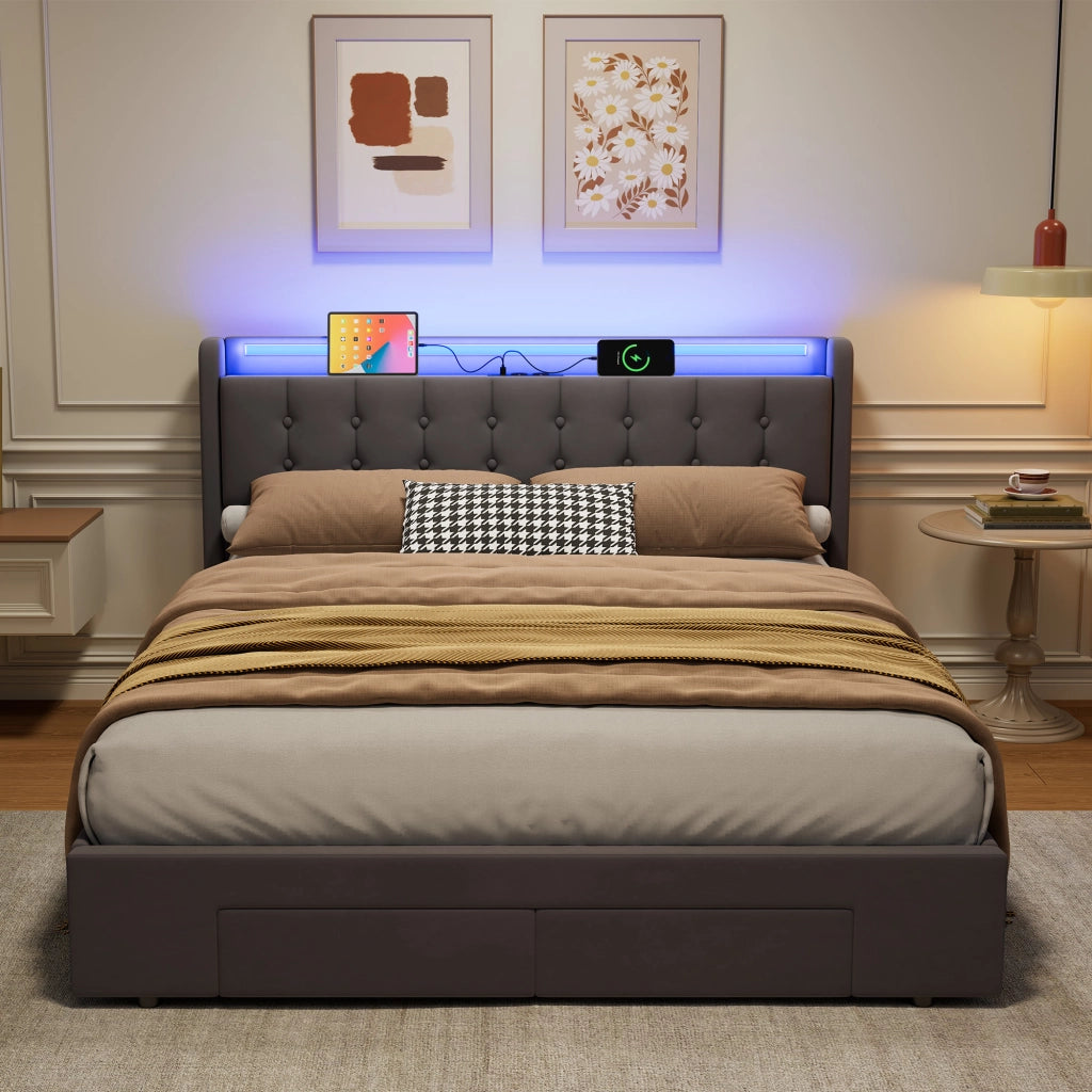 LETTO Imbottito 160 x 200 cm Grigio Scuro con Contenitore, Cassetti, USB e LED
