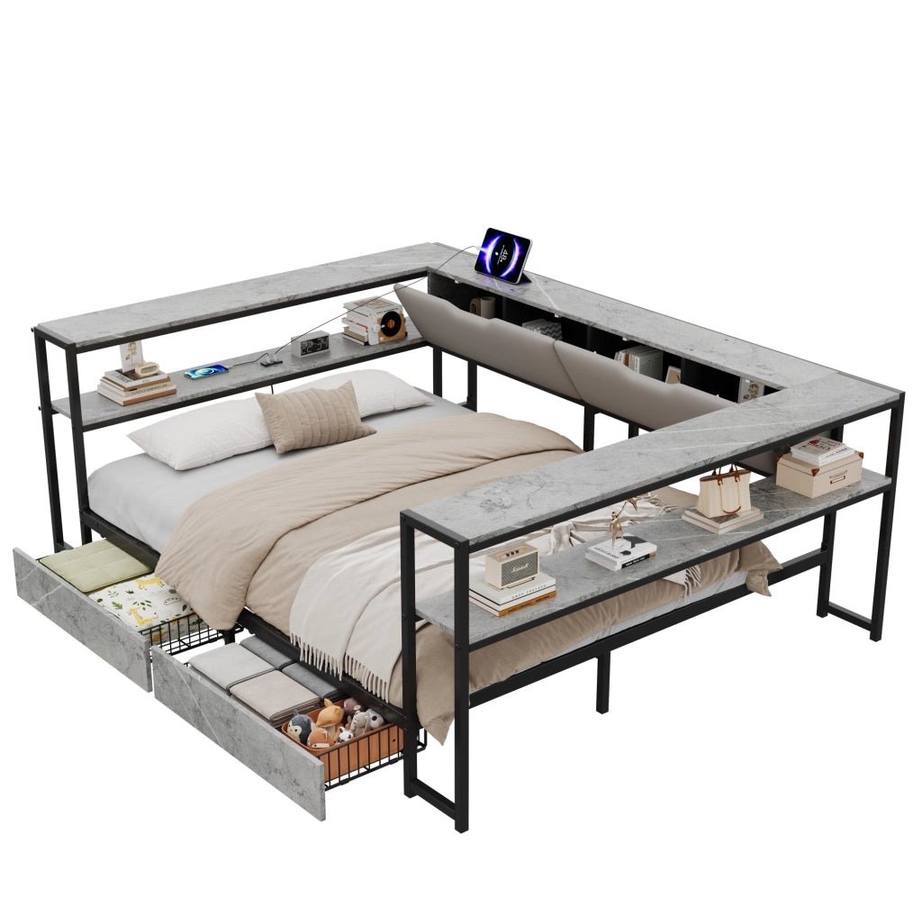 Letto imbottito 140x200 con USB e Type-C; 2 cassetti; rete a doghe; grigio