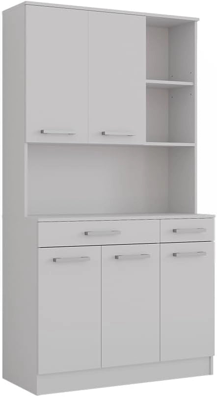 Buffet da cucina Raul, Rovere bianco/dorato, 100.1 x 188.5 cm con 5 porte e 2 cassetti, con ripiano aperto per dispositivi e spazio di archiviazione espandibile