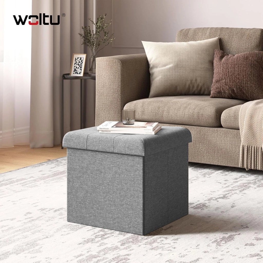 Sedia a Cubo Pieghevole Pouf Cassapanca Poggiapiedi Panche Contenitore con Coperchio Rimovibile MDF Oxford Lino Grigio Chiaro