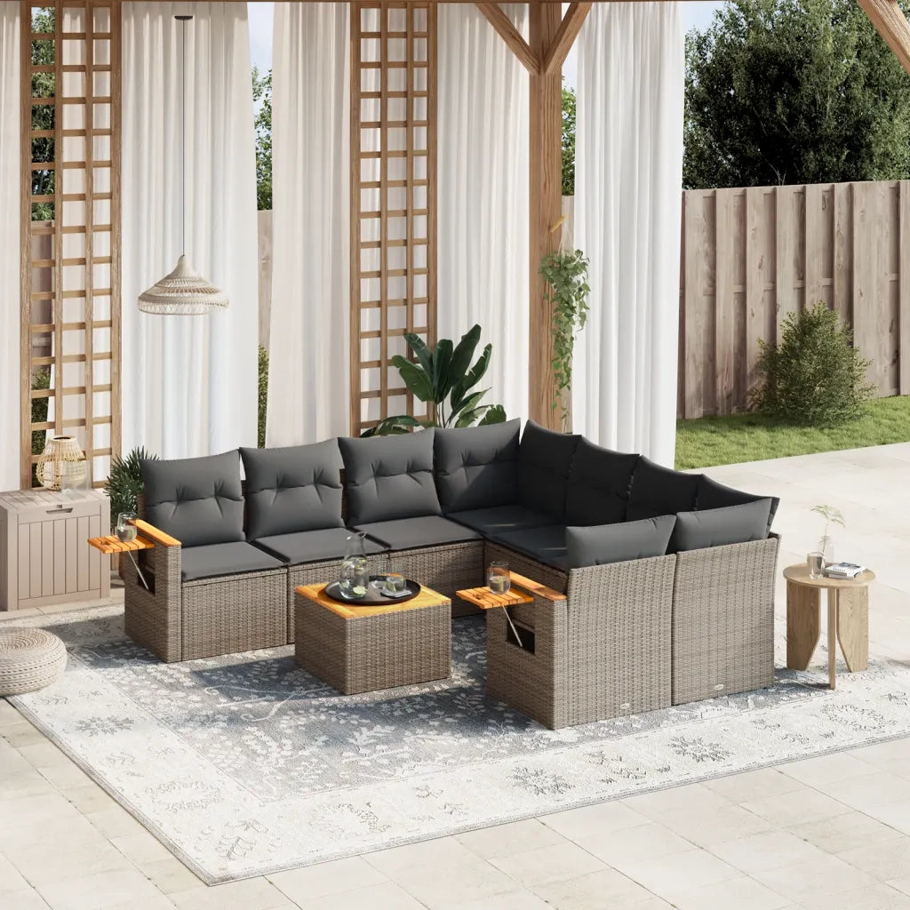 Set Divano da Giardino 9 pz con Cuscini Grigio in Polyrattan