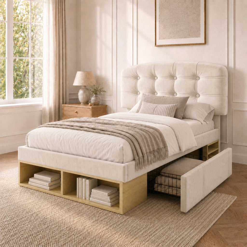 Letto singolo imbottito – 90x200 cm – cassetti contenitore testiera regolabile – velluto beige