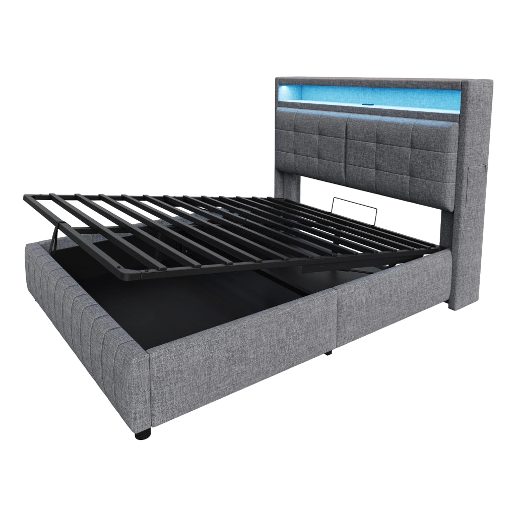 Letto imbottito 160x200 cm con LED; USB e contenitore in tessuto di lino grigio
