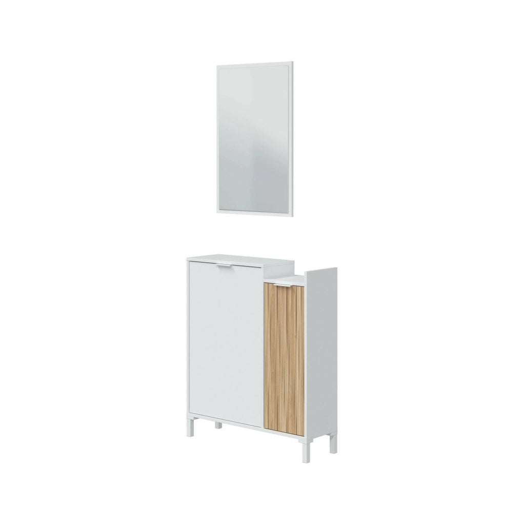 Mobile da ingresso Alambicco, Entratina a 2 ante, Armadio con specchio, Portaoggetti multifunzione, 77x24h91 cm, Bianco e Rovere