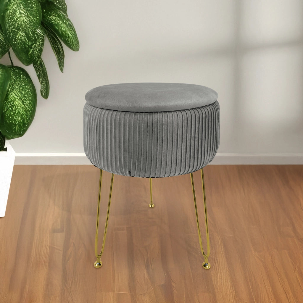 Pouf Rotondo In Velluto Con Contenitore Portaoggetti Sgabello Toeletta Trucco Tavolino Caffè Ripiano Legno Salotto Poggiapiedi Con Gambe Color Oro GrigioScuro