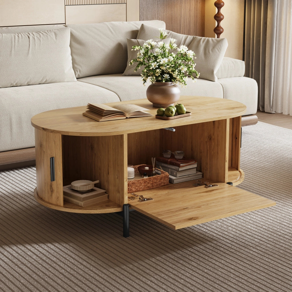 Tavolino da salotto ovale con 3 ante scorrevoli in rattan; vano contenitore; per soggiorno; MDF naturale 100 × 50 × 40 cm