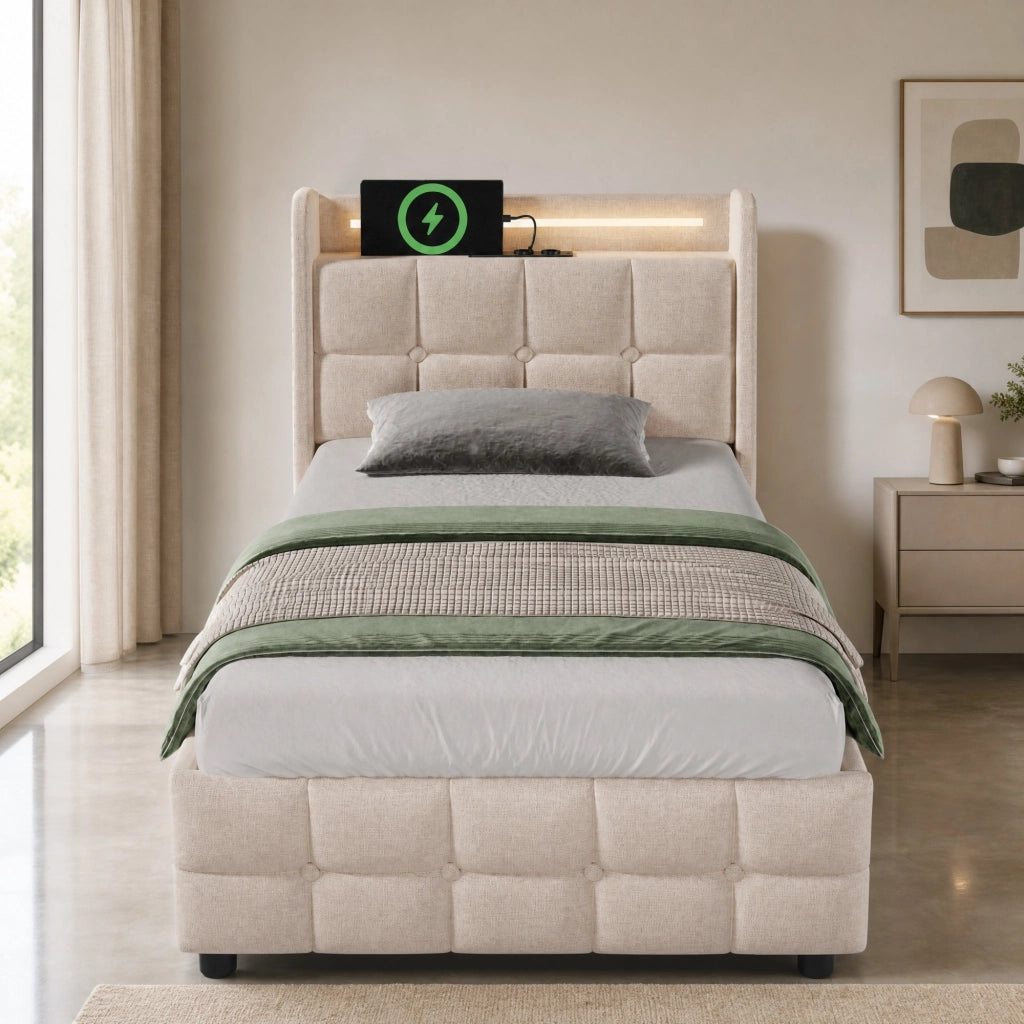 Letto singolo 90x200 cm con LED; USB; prese e 2 cassetti; beige