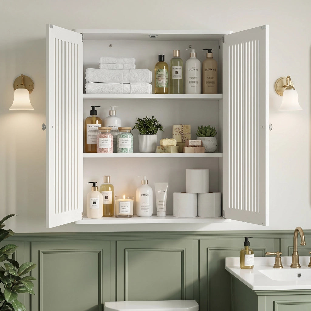 Pensile bagno bianco con ante a lamelle, armadietto sospeso in MDF e truciolare 69,3x43,8x11 cm
