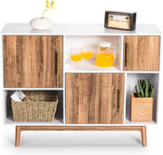 Armadio in legno, credenza per soggiorno, a buffet, 6 scomparti e 3 ante, mobile laterale, moderno, indipendente (bianco + naturale)