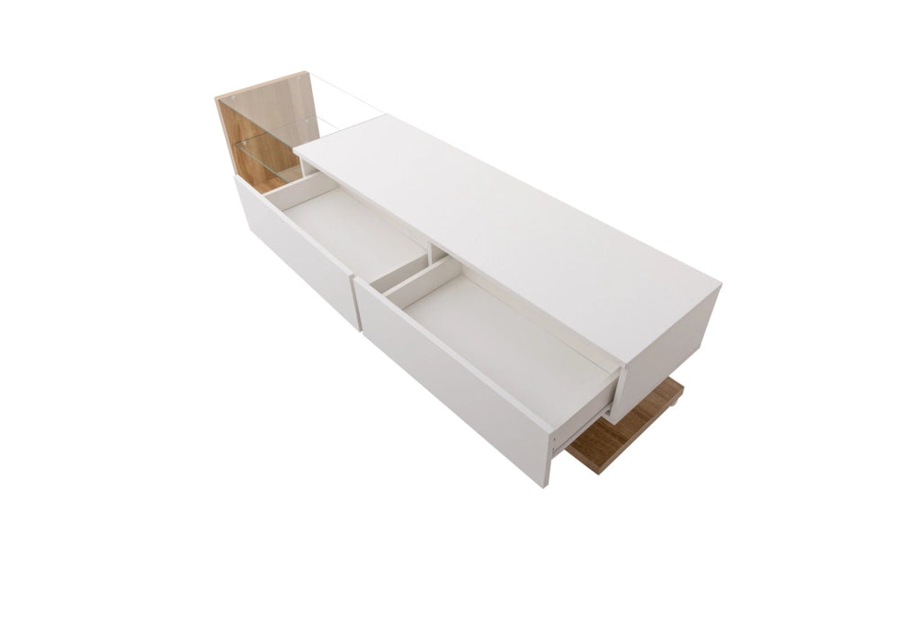 Mobile TV 170 cm con 2 cassetti; 2 ripiani in vetro e LED multicolore; bianco lucido