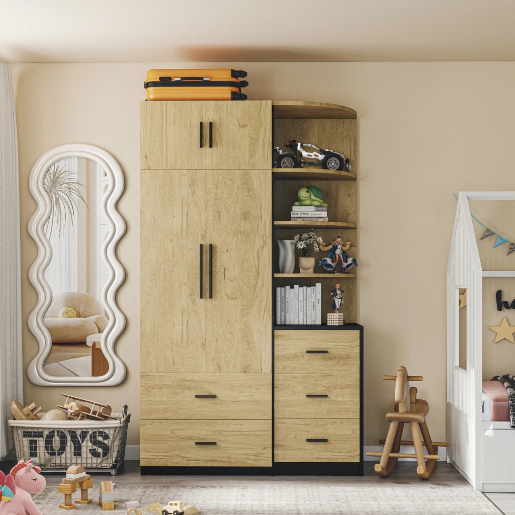 Armadio con 5 cassetti; 2 ante e barra appendiabiti; con vani aperti; per camera da letto; naturale e nero; 110 × 40 × 186 cm