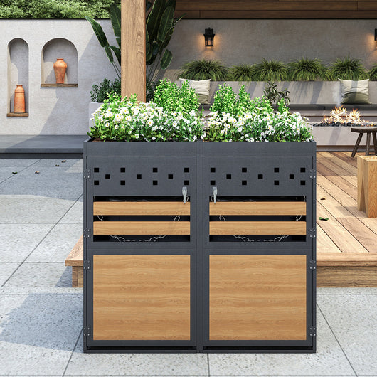 Cabina per 2 bidoni con tetto verde - Xylo - 120-240 litri, colore antracite, porta in stile legno, estensibile