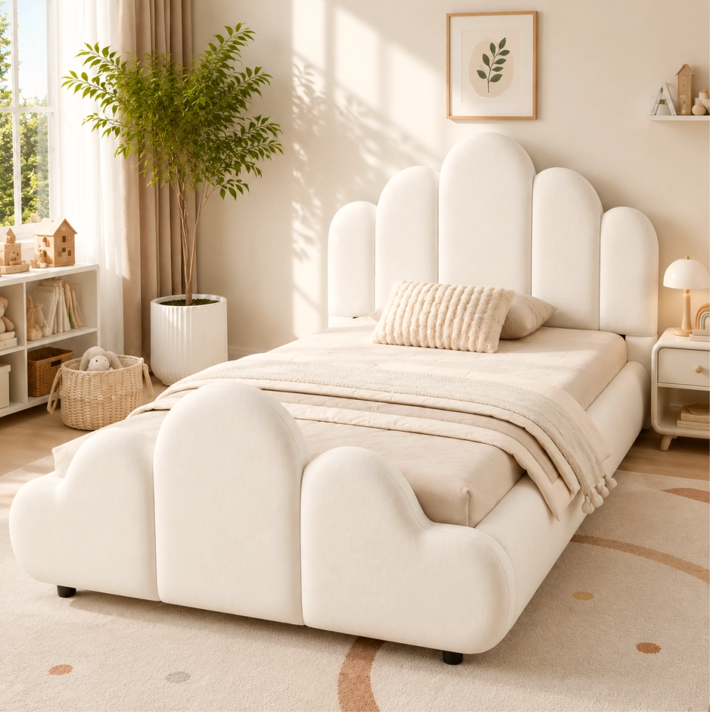 Letto singolo imbottito per bambini 90x200 cm con testiera in velluto beige e angoli arrotondati