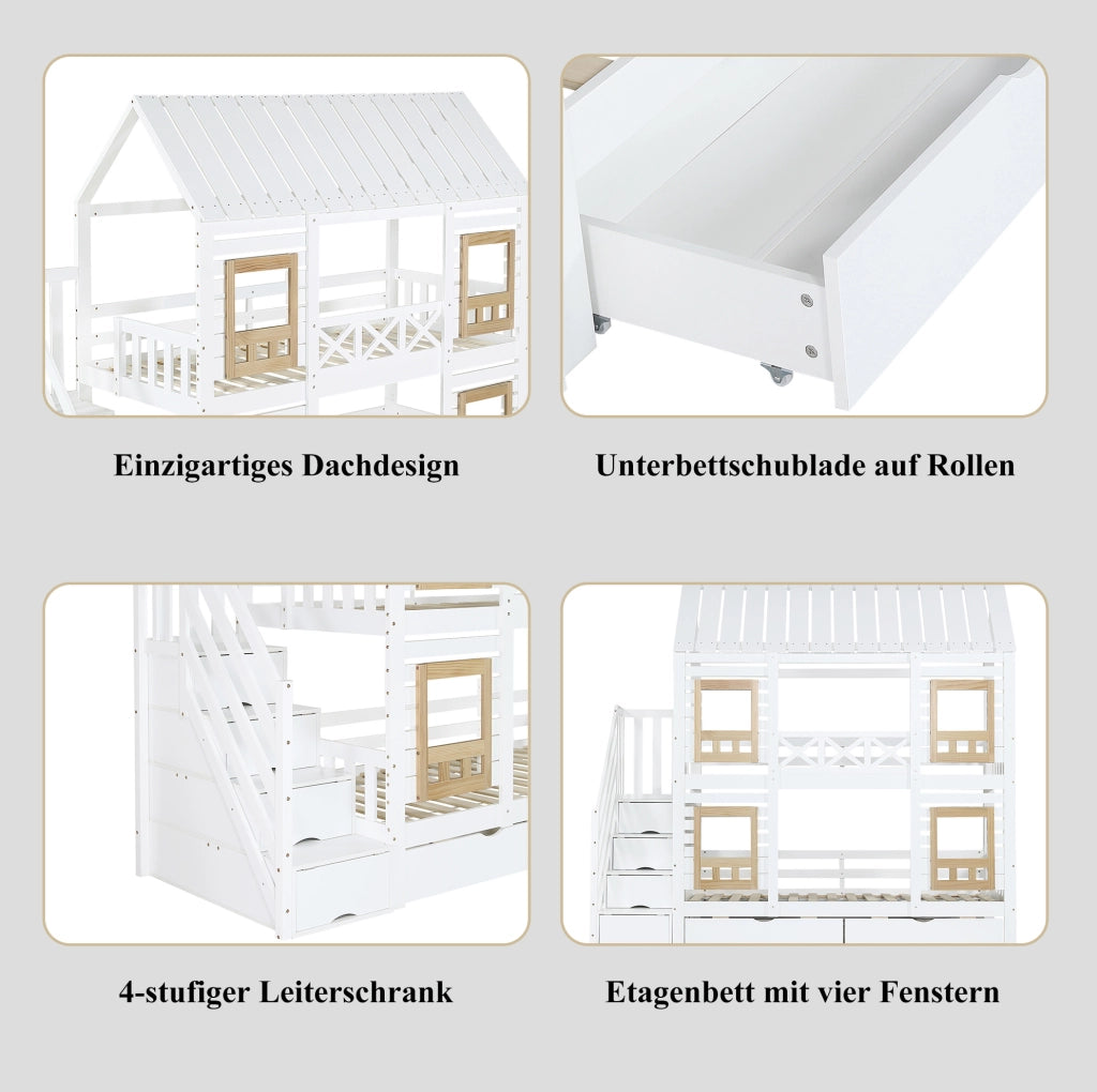 Letto a castello per bambini con 2 cassetti e scala contenitore; 90x200 cm; bianco e naturale