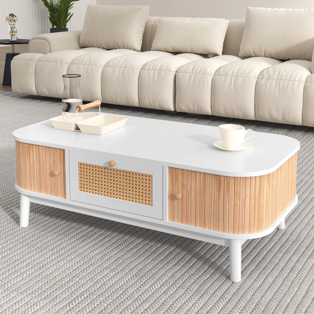 Tavolino da Caffè con 2 Cassetti in Rattan e Ante Scorrevoli; Gambe in Legno Massello; in MDF; Bianco; 110×55×38;5 cm