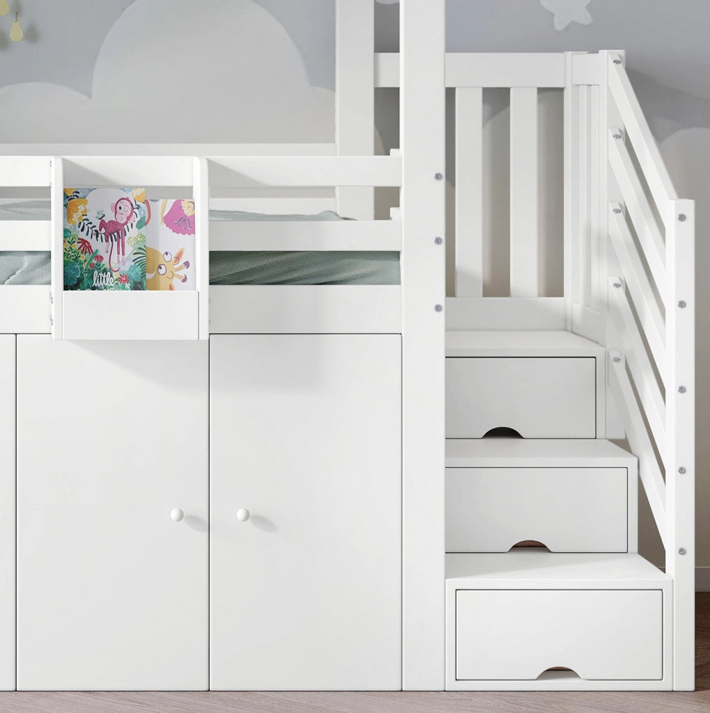 Letto a castello ULEVR 90x200 cm con scala contenitore, armadio e vani, bianco e verde