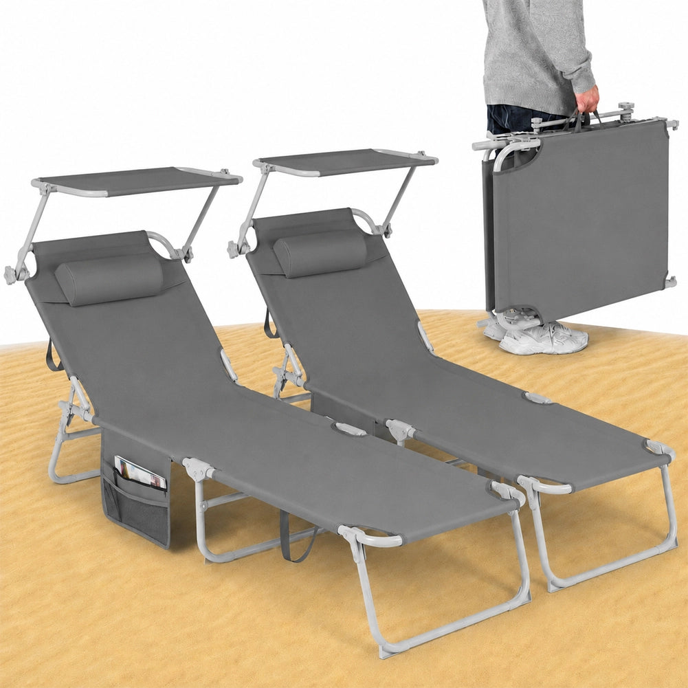 Set 2 Lettini Pieghevoli da Spiaggia Esterno Grigio Sdraio da Mare con Parasole