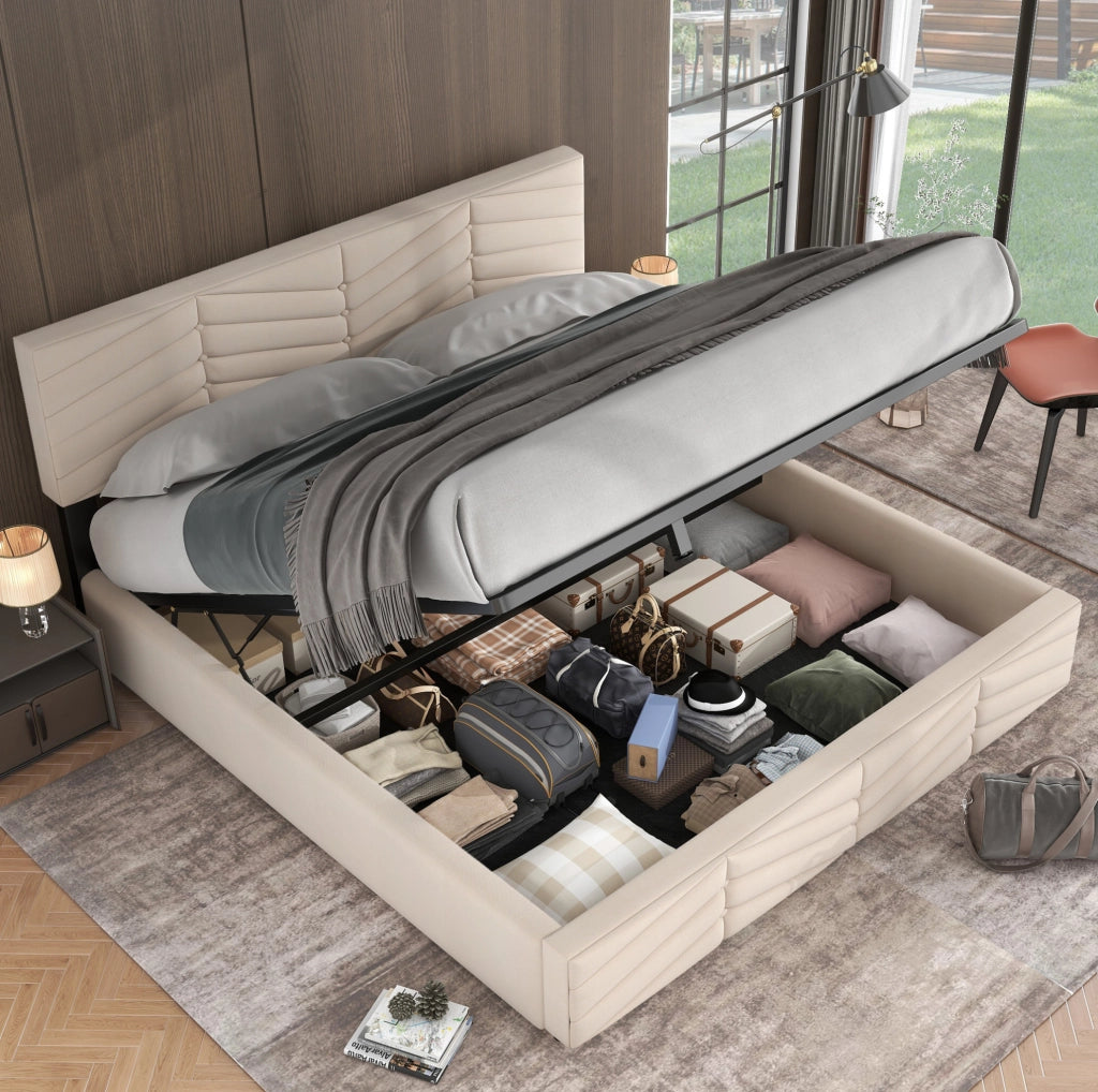 Letto matrimoniale imbottito 160x200 cm in velluto beige con testiera regolabile e contenitore