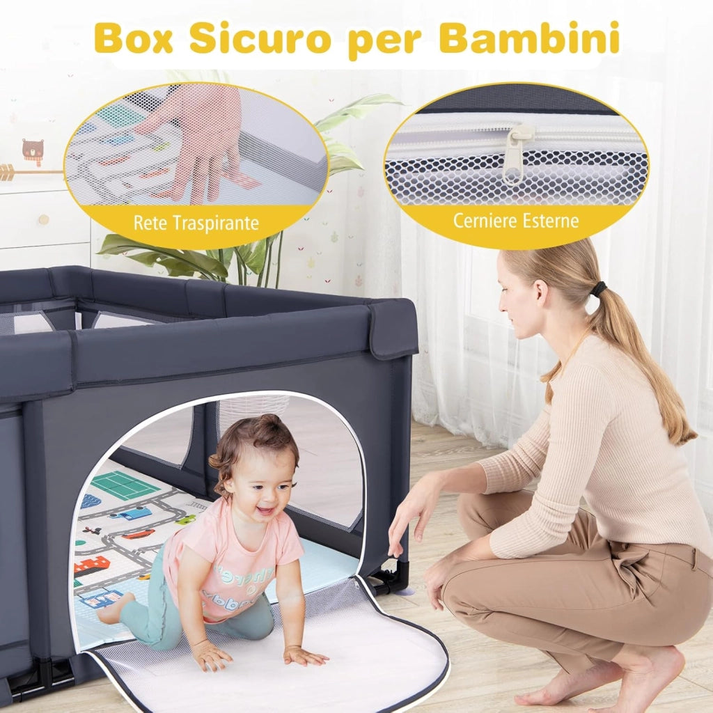 Box per Bambini con Materassino, Recinto per Bambini con 4 Anelli e 50 Palline Colorate, Rete Traspirante, Tasca e Borsa, Box Giochi per Bambino 0-3 Anni (Grigio Scuro, 189 x 158 cm)