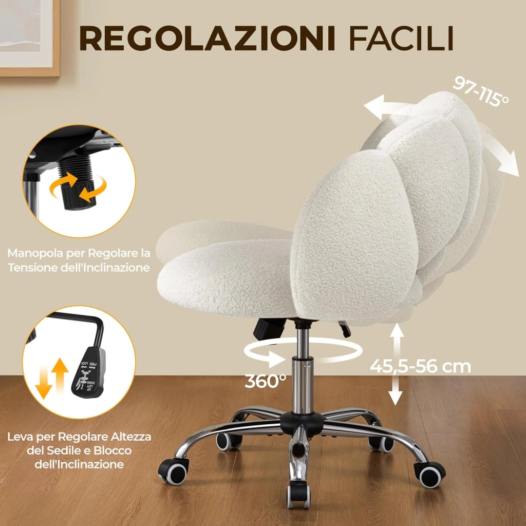 Sedia da Ufficio Scrivania Bianca Cameretta Imbottita Senza Braccioli Ergonomica con Ruote Girevole, Schienale Design a Nuvola in Tessuto Bouclé, Altezza Regolabile