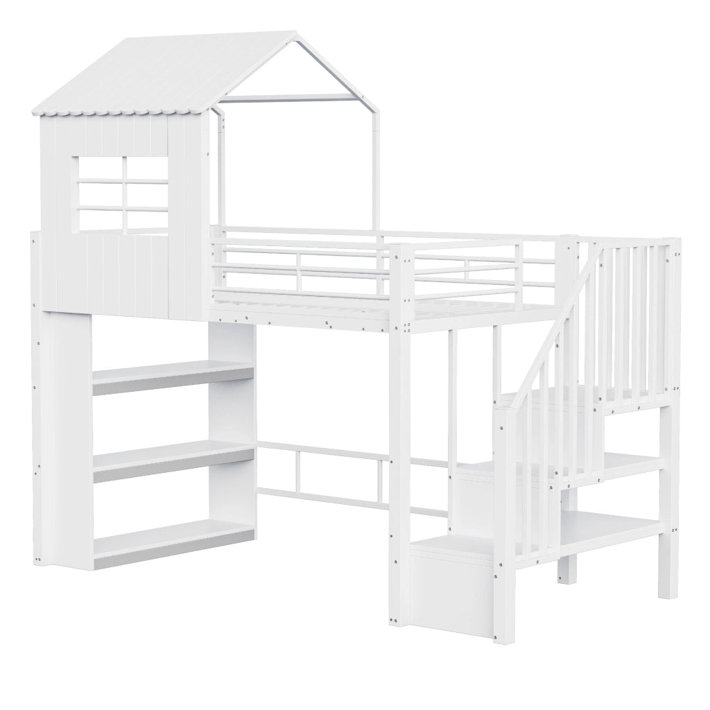 Letto a soppalco singolo 90×200 cm con scala contenitore e ripiani; senza materasso; MDF e metallo; bianco