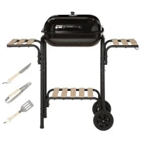 Barbecue a Carbone con Coperchio, Ripiani e Ruote, Completo di Spatola, Pinza e Coltello, Nero
