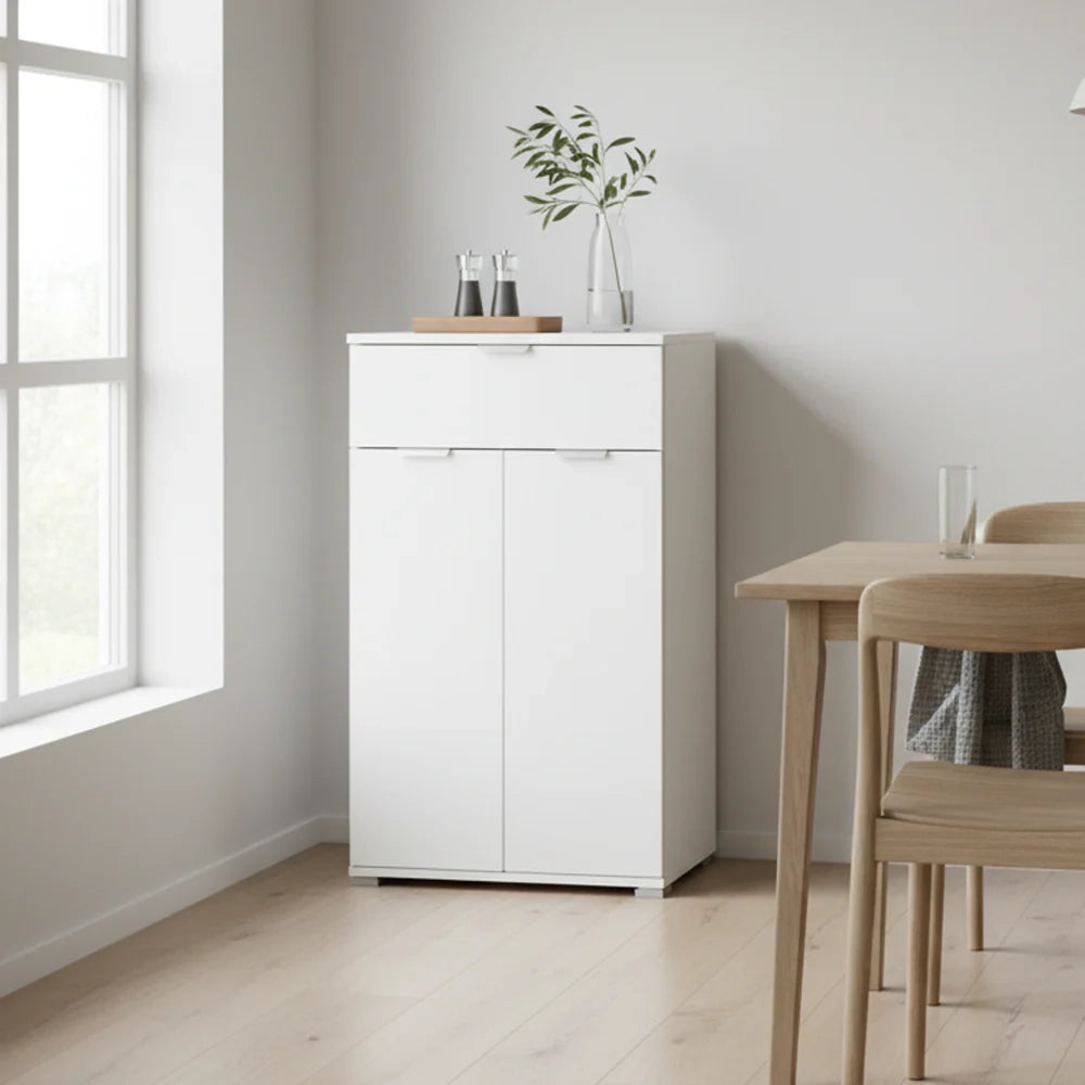 Comodino/Armadietto Bianco 2 Ante + Cassetto | Mobiletto Salvaspazio con 2 Ripiani Regolabili | Già Assemblato per Camera, Ingresso, Bagno e Soggiorno