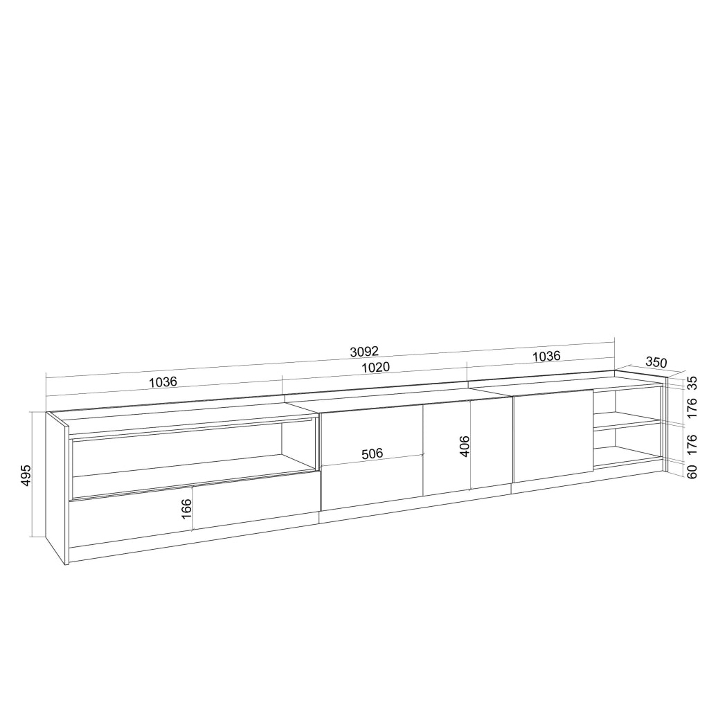 Mobile TV Soggiorno, 310x50x37 cm, Per TV fino a 80", LED, Bianco e Rovere soft