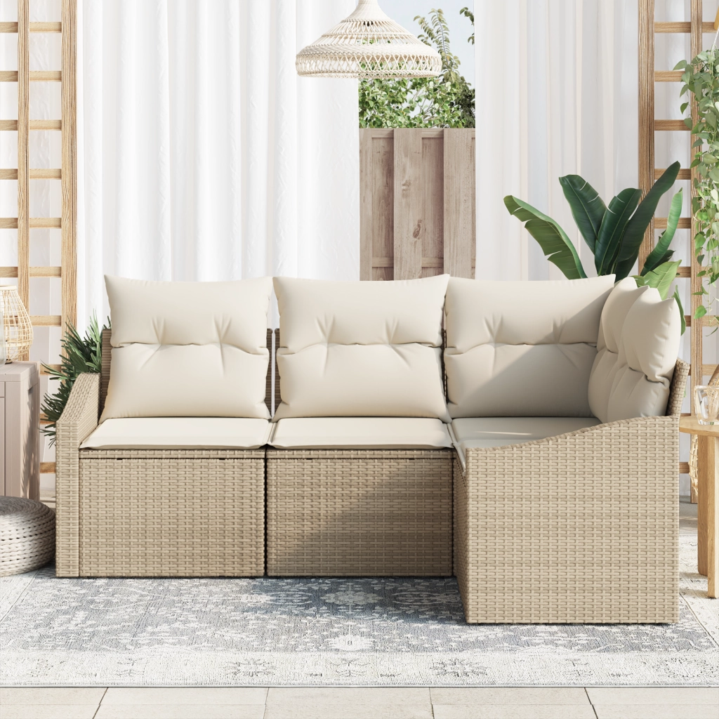 Set da Pranzo da Giardino in 4 Pezzi con Cuscini Beige in Rattan
