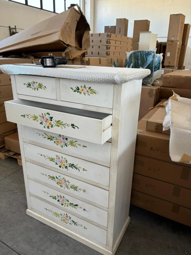 Cassettiera 8 cassetti legno shabby bianco anticato decori 87x40x125 - Mobili 2G