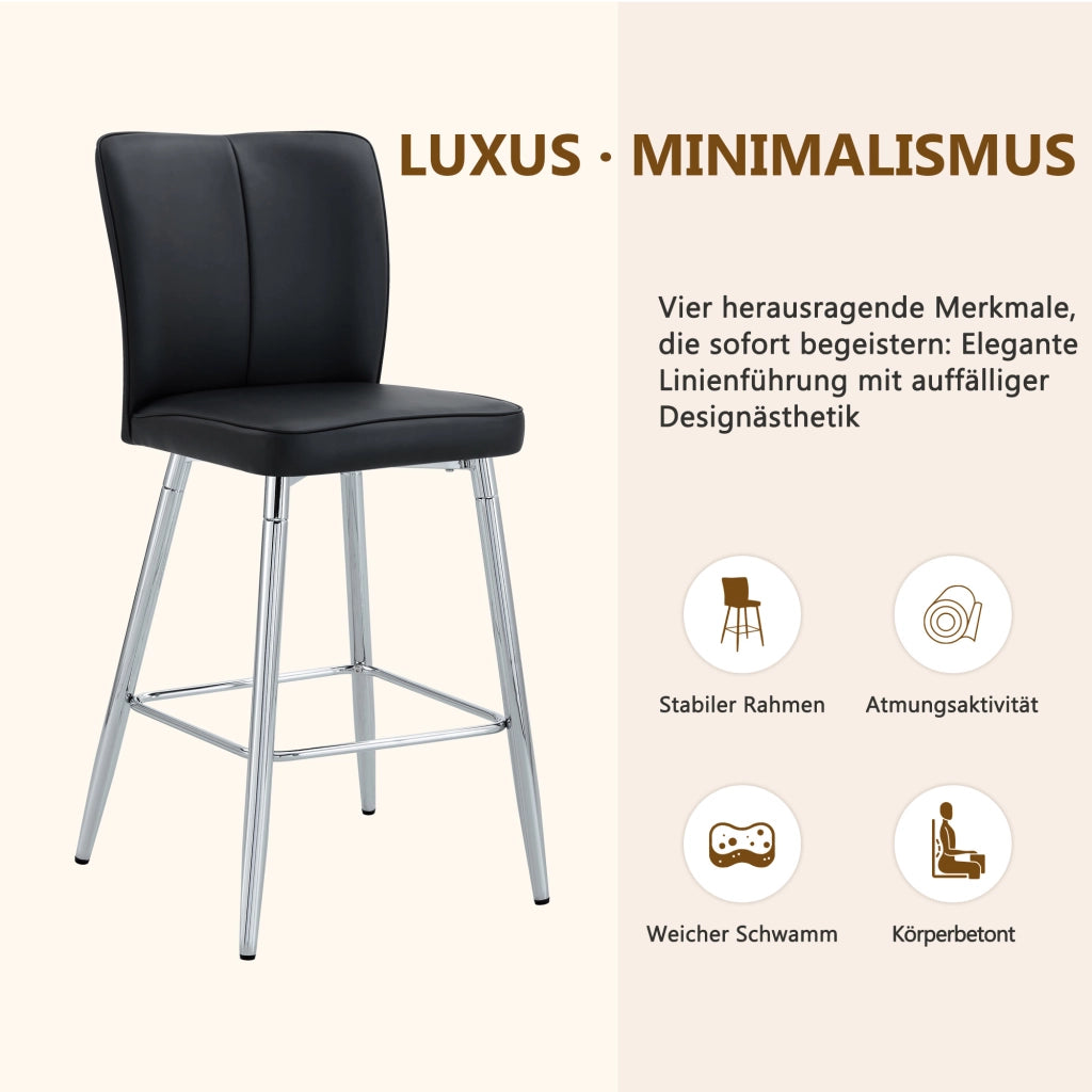 Set di 2 Sgabelli da Bar con Schienale Ergonomico e Poggiapiedi; Metallo e Similpelle; Nero e Argento