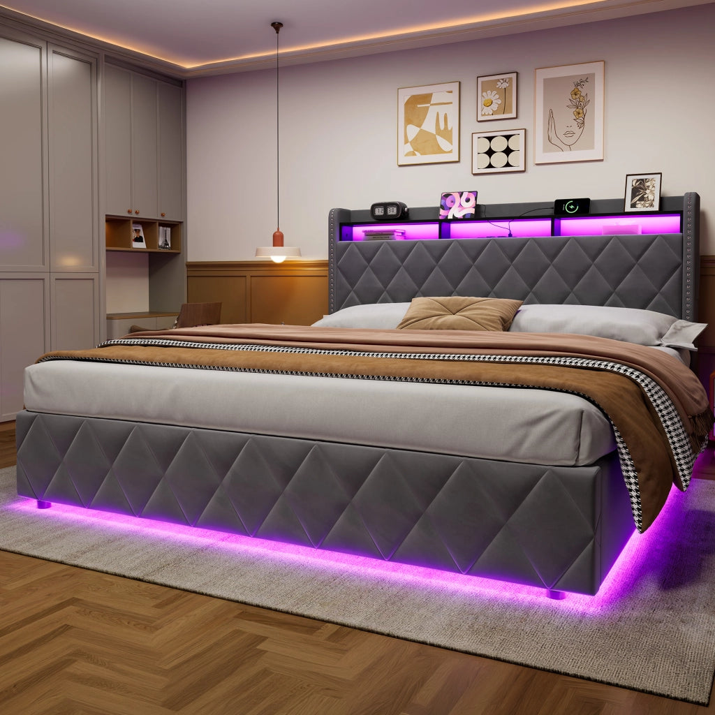 Letto Imbottito 180x200 cm con Contenitore, LED e USB, Grigio Scuro