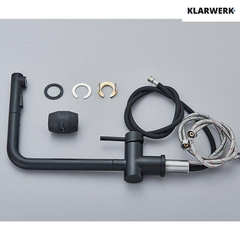 FELICE| Rubinetto da cucina estraibile Premium in acciaio inox nero opaco | Miscelatore canna dritta | Rubinetto gastro alta pressione 360° 2 attacchi