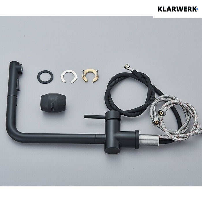 FELICE| Rubinetto da cucina estraibile Premium in acciaio inox nero opaco | Miscelatore canna dritta | Rubinetto gastro alta pressione 360° 2 attacchi