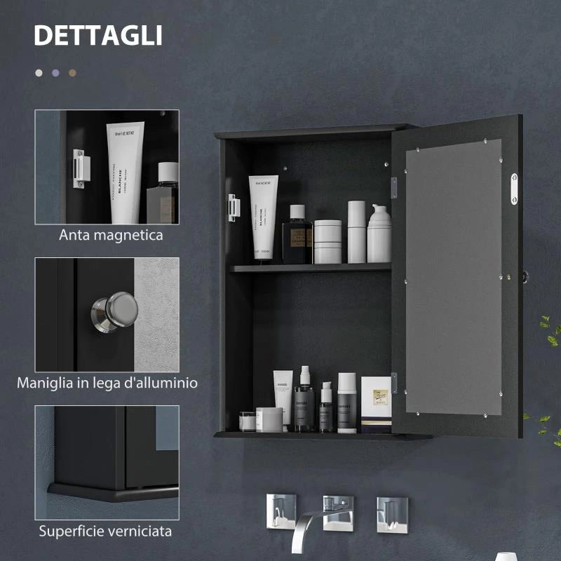 MOBILETTO BAGNO PENSILE CON SPECCHIO E ANTA A CHIUSURA MAGNETICA, 41X14X60 CM, NERO