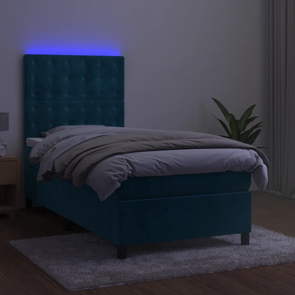 Letto a Molle con Materasso e LED Blu Scuro 90x200cm in Velluto