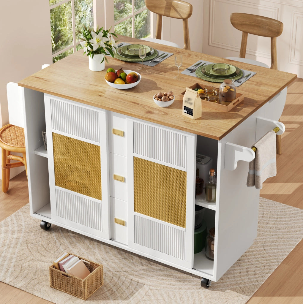 Isola da cucina mobile con piano ribaltabile, 146,85x70x90 cm, bianca, MDF e metallo