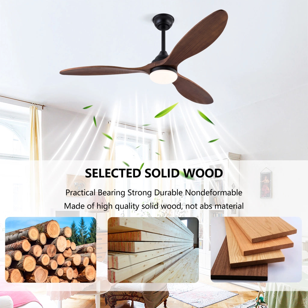 Ventilatore da soffitto da 52 pollici con luce LED dimmerabile; 3 pale in legno; nero e noce scuro
