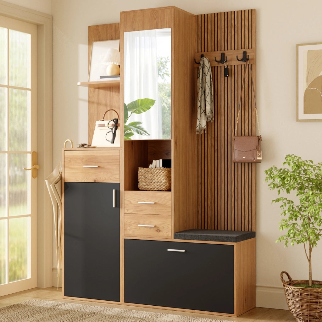 Mobile ingresso multifunzione con specchio; panca; 1 anta; cassetti; vano scarpe a ribalta e LED; per ingresso; 120 × 32 × 178 cm