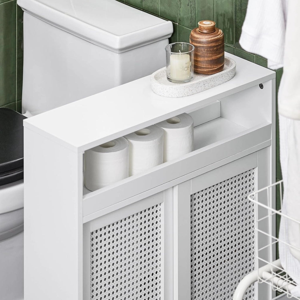 Armadio da Bagno Stretto con Ruote – Mobile Bagno salvaspazio – Contenitore per Carta Igienica in Legno, con Ripiani Regolabili, Bianco, 20x70x65cm, BZR119-W