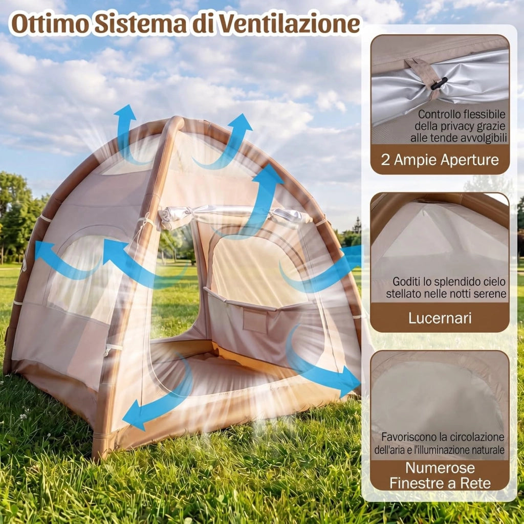 Tenda da Campeggio Gonfiabile per 4 Persone, Tenda da Spiaggia con Poma, 2 Porte, Lucernario e Finestre, in Tessuto Impermeabile, con Copertura Rimovibile e Borsa, 208 x 208 x 196 cm