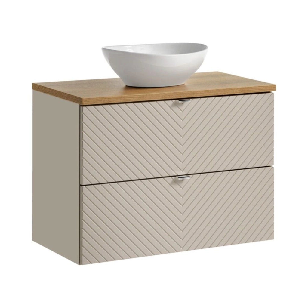 Insieme AOKI: mobile sotto lavabo con cassetti 80cm + piano lavabo in rovere + lavabo rotondo bianco da appoggio