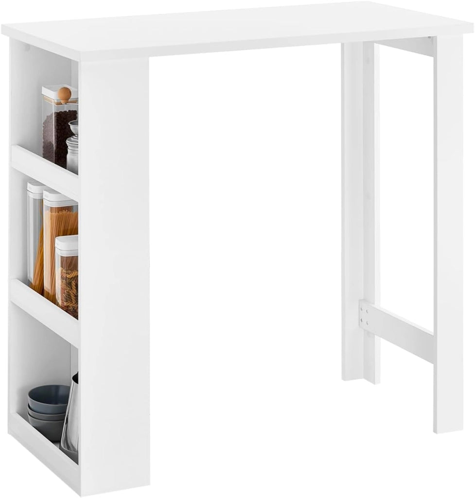 Tavolo Alto da Cucina, Tavolo da Bar Moderno con Ripiani di Stoccaggio, Design Salvaspazio per Cucina Piccola, Soggiorno, Angolo Bar o Studio Bianco 112 x 57 x 106 cm FWT17-II-W